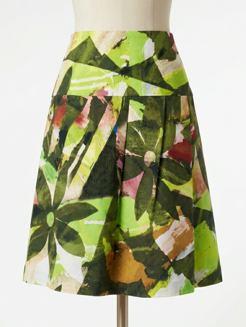 PAUW Amsterdam Green Abstract Floral A-Line Pleated Luxury Skirt Size 2